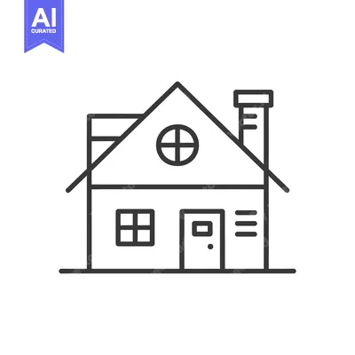 Aset desain premium: A Simple Line Drawing of a House with a Roof, Windows, Door, and Chimn