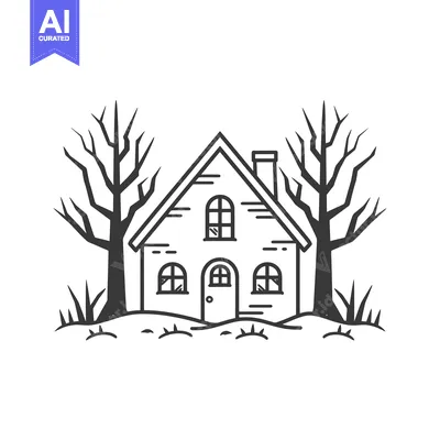 Aset desain premium: A Simple Line Drawing of a House with Bare Trees