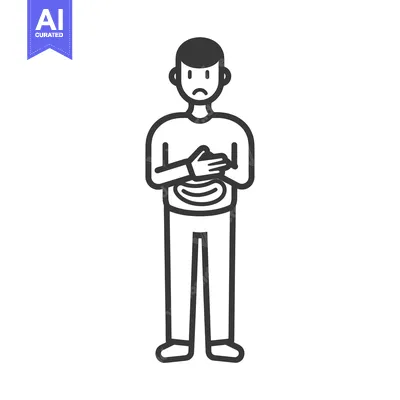 Aset premium populer: A simple line drawing of a man holding his stomach in pain