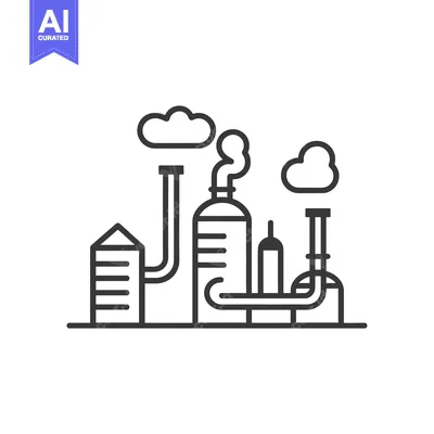 Aset premium populer: A Simple Line Drawing of an Industrial Factory with Smoke Stacks and C