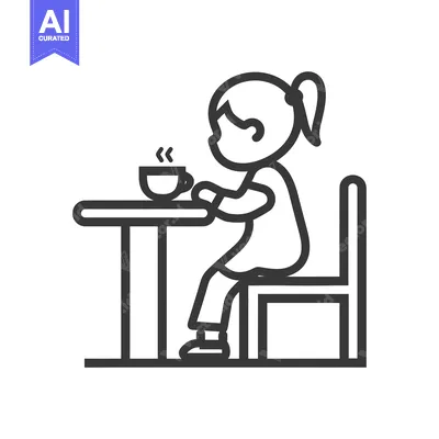 Aset premium populer: A Simple Line Drawing of a Person Sitting at a Table with a Cup of Cof