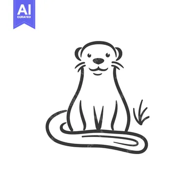 Aset desain premium: A Simple Line Drawing of a Smiling Otter Sitting on a Log