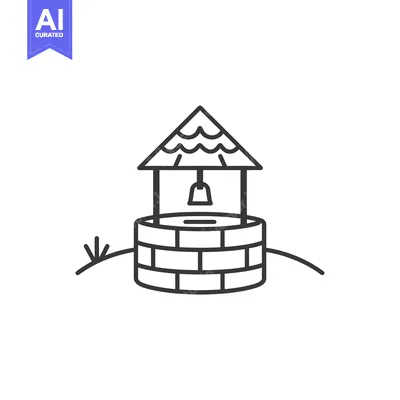Aset desain premium: A Simple Line Drawing of a Well with a Triangular Roof
