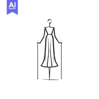 Aset desain premium: A simple line drawing of a woman in a dress holding two sticks