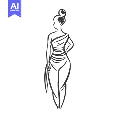 Aset desain premium: A simple line drawing of a woman wearing a one-shoulder dress