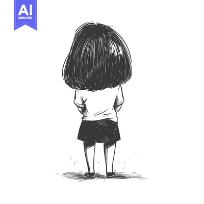 Popular premium asset: A simple line drawing of a young woman with short hair standing with h