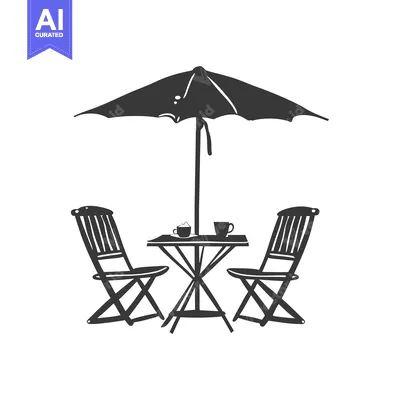Aset desain premium: A Simple Outdoor Patio Setting with an Umbrella, Table, and Two Chairs