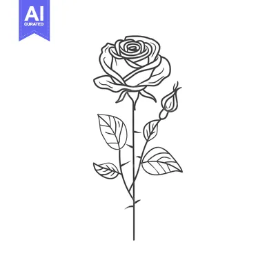 Aset desain premium: A Single Rose with Bud and Leaves in Line Art
