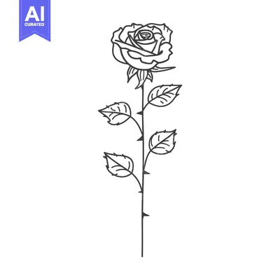 Aset desain premium: A Single Rose with Stem and Leaves in Black and White Line Art