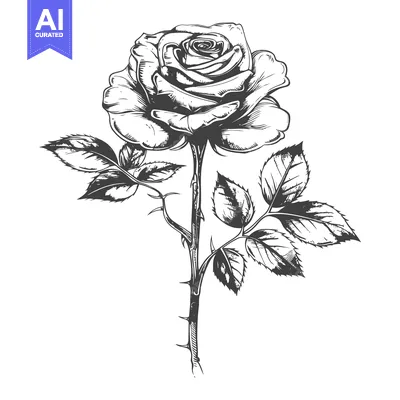 Premium design asset: A Single Rose with Thorns and Leaves in a Hand Drawn Illustration Styl