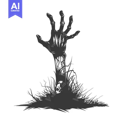 Aset desain premium: A skeletal hand reaching from the grave with a skull.