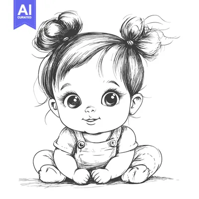 Aset premium populer: A Sketch of a Baby Girl with Big Eyes and Two Buns in Her Hair