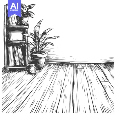 Aset desain premium: A Sketch of a Bookshelf with Plants and a Wooden Floor