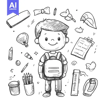Popular premium asset: A Sketch of a Boy Carrying a Backpack Surrounded by School Supplies