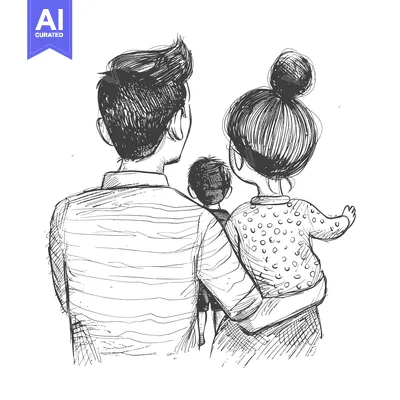 Aset premium populer: A sketch of a family with two children, a father, and a mother.
