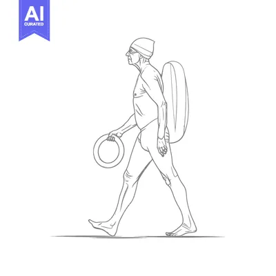 A Sketch of a Man in Swimwear Carrying a Surfboard and Life Ring