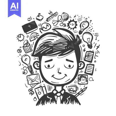Aset premium populer: A Sketch of a Person with a Busy Mind Surrounded by Objects