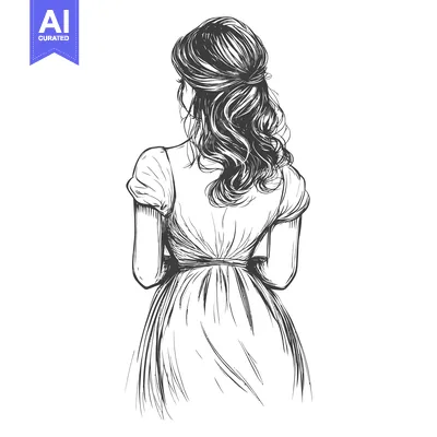 Aset desain premium: A Sketch of a Woman with Long Wavy Hair, Viewed from Behind