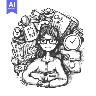 Aset desain premium: A Sketch of a Young Woman Surrounded by School Supplies and Books