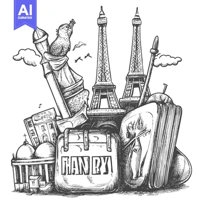 A Sketch of Iconic Parisian Landmarks and a Book Titled "Many"