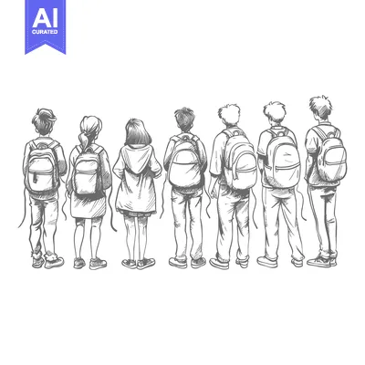 Popular premium asset: A Sketch of Seven Students Standing Back-to-Back with Backpacks
