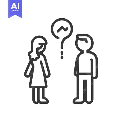 Aset desain premium: Two simplistic human figures with a question mark symbol above