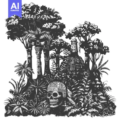 Aset desain premium: A Skull and Totem Poles Surrounded by Tropical Plants