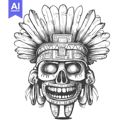 Premium design asset: A Skull in a Feathered Headdress with Ancient Mayan Designs