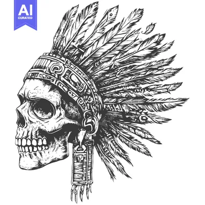 Aset desain premium: A Skull Wearing an Ornate Headdress of Feathers