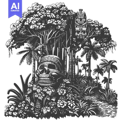 Popular premium asset: A skull with a tribal mask surrounded by tropical plants and trees