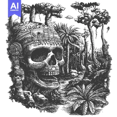 Premium design asset: A Skull with Ornate Headwear Surrounded by Jungle Trees