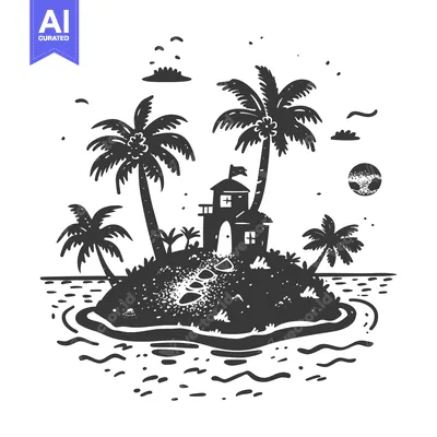 Aset desain premium: A Small Island with a House, Palm Trees, and a Flag on a Beach