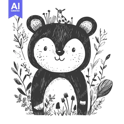 Aset premium populer: A Smiling Bear Standing Among Plants and Mushrooms