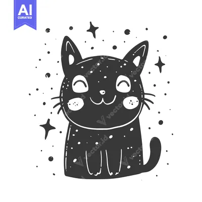 Aset desain premium: A Smiling Black Cat With Stars Surrounding It