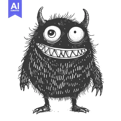 Aset desain premium: A Smiling Black Monster with Two Horns and Big Eyes
