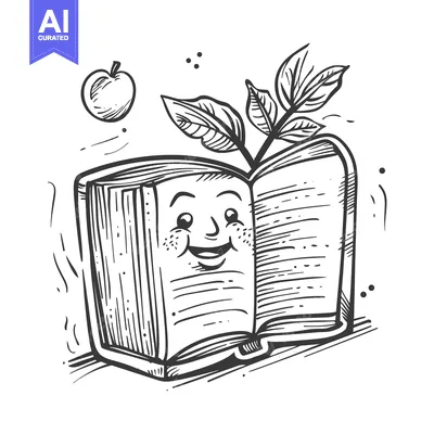 Aset desain premium: A Smiling Book with an Apple and Leaves