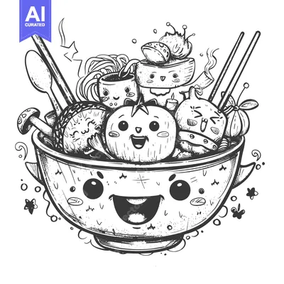 Aset premium populer: A Smiling Bowl of Food with Cute Cartoon Characters