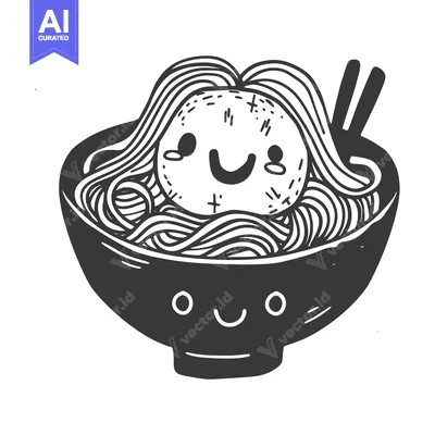 Aset premium populer: A Smiling Bowl of Noodles with a Happy Meatball