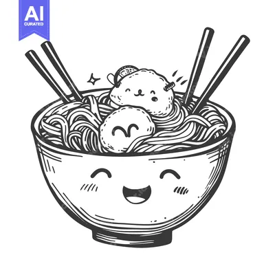Aset desain premium: A smiling bowl of ramen with cute meatball toppings and chopsticks