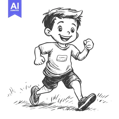 Aset desain premium: A Smiling Boy Running in a Hand-Drawn Sketch