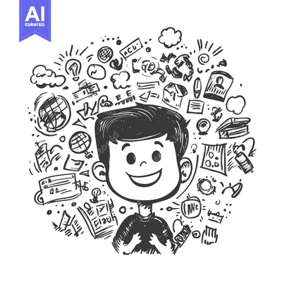 Premium design asset: A Smiling Boy Surrounded by Hand-Drawn Symbols of Knowledge and Learni