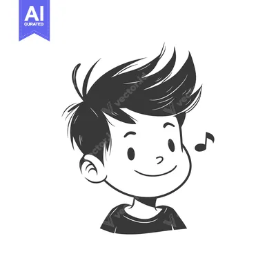 Premium design asset: A smiling boy with spiky hair listens to music