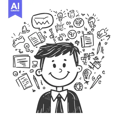 Aset desain premium: A smiling businessman with a tie surrounded by various doodles and sym