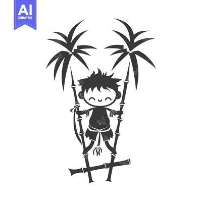 Aset desain premium: A smiling cartoon boy balancing on two bamboo poles with palm trees be