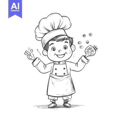 Aset premium populer: A Smiling Cartoon Chef Holding a Spatula with Dots Floating Above Him