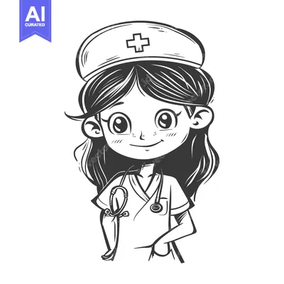 Aset desain premium: A smiling cartoon female nurse with a stethoscope and a hat