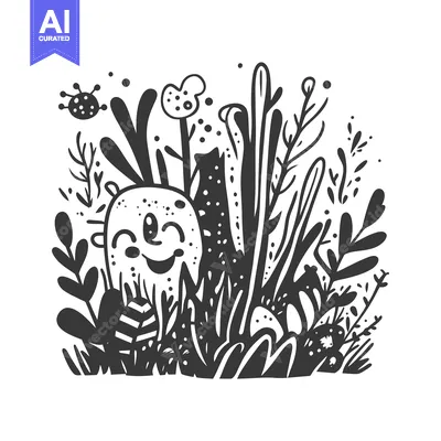 Aset desain premium: A Smiling Character Surrounded by Black and White Abstract Flora