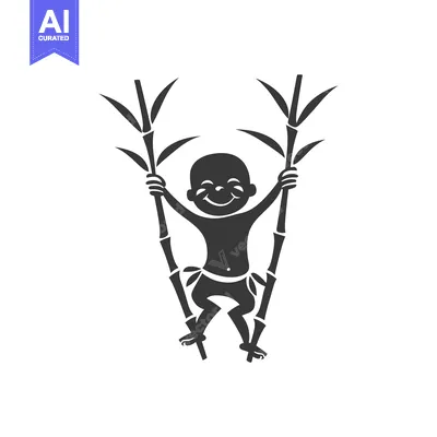 Aset desain premium: A smiling child holding two stalks of bamboo