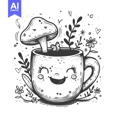 Aset premium populer: A Smiling Coffee Mug With a Mushroom on Top and Surrounded by Flowers