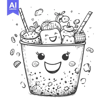 Aset premium populer: A Smiling Cup Filled with Various Desserts and Two Straws